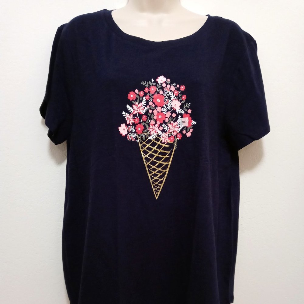 NWT Loft Floral Gold Cone Navy Tee 100% Cotton